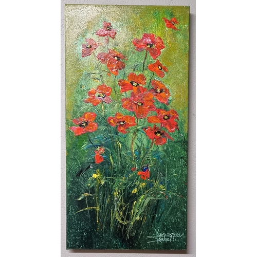 109 - A 20th Century unframed Oil on Canvas of Poppies. Signed indistinctly LR.
H 80 x W 40 cm approx.