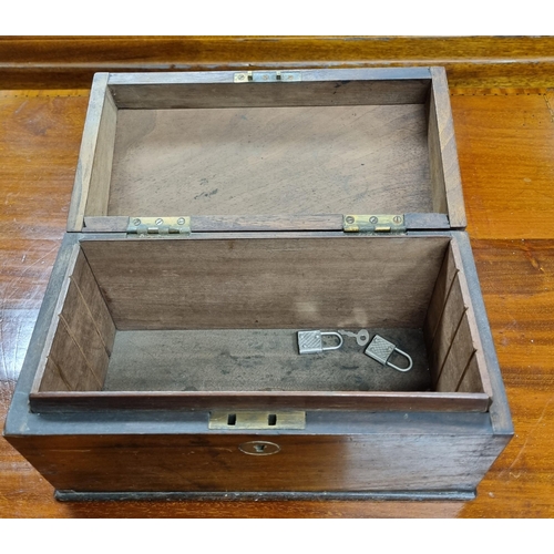 259 - A 19th Century Mahogany Campaign Writing Slope. (lacking interior). 29.5 x 24 x H 15 cm approx along... 