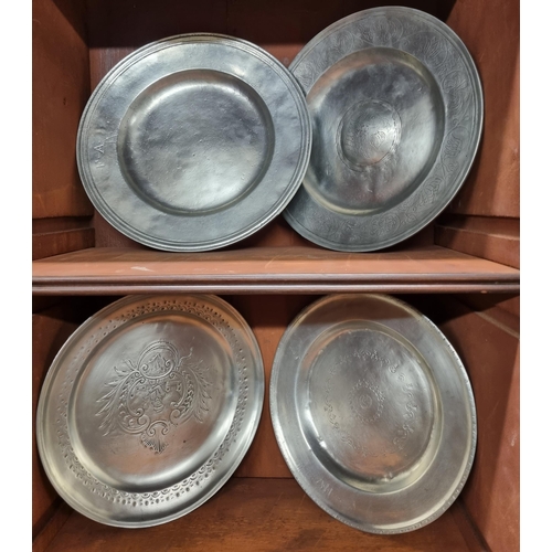 586 - Four early Pewter Plates. D 29 cm approx.