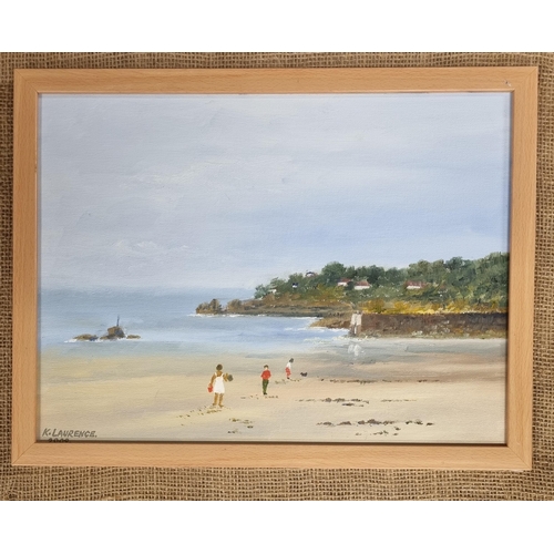 621 - K Laurence. An Oil on Board of a family on a beach. Signed LL. 30 x40 cm approx.