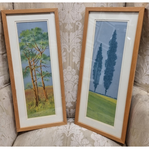 636 - A pair of Pastels of trees by K Laurence. 43 x 13 cm approx.