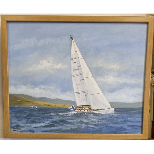 404 - A framed Oil On Board of an Italian sailing ship in full sail, signed K. Laurence LL. 40 x 50 cm app... 