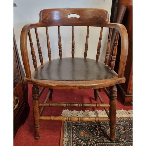 407 - A really good pair of 19th Century Bankers Chairs on turned supports and stretcher bases with leathe... 