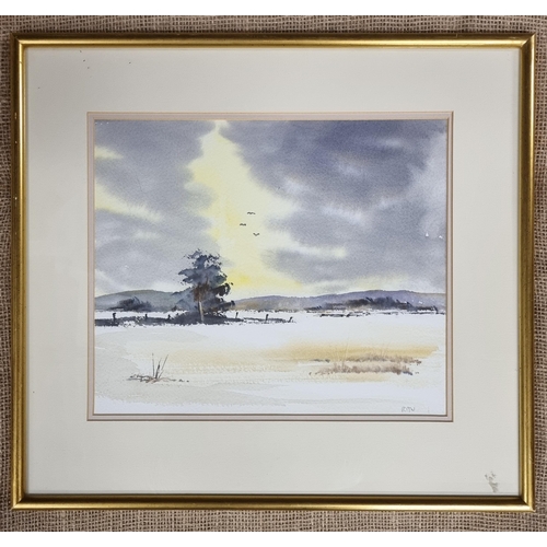 423 - A 20th Century Watercolour of a village scene along with a snowy winter scene, both monogrammed indi... 