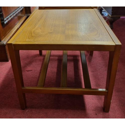 434 - A pair of mid Century Teak Tables with stretcher bases. 41 x 45 x H 35 cm approx.