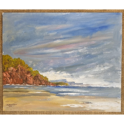 441 - K. Laurence; An unframed Oil on Board of a beach scene with mountains in the distance. 38 x 46 cm ap... 