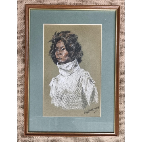 570 - An Oil on Board of a beautiful Woman along with a crayon drawing of a woman. Signed K Laurence.