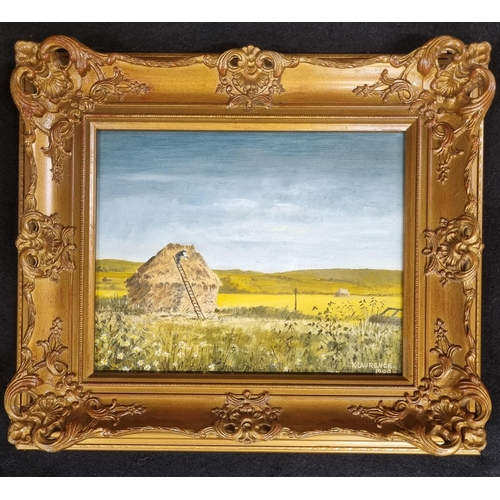 594 - A 20th Century Oil on Board of a Man on a rick of hay. Signed K Laurence LR. In a good gilt frame.
2... 