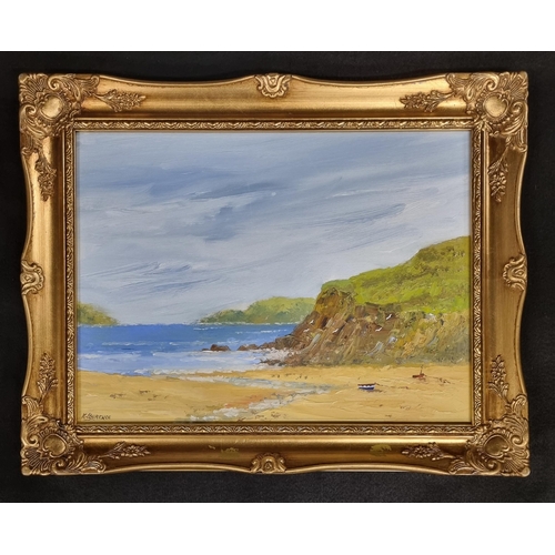 605 - K Laurence. Oil on Board of a beach scene with moored boats. Signed LL. In a good gilt frame. 30 x 4... 