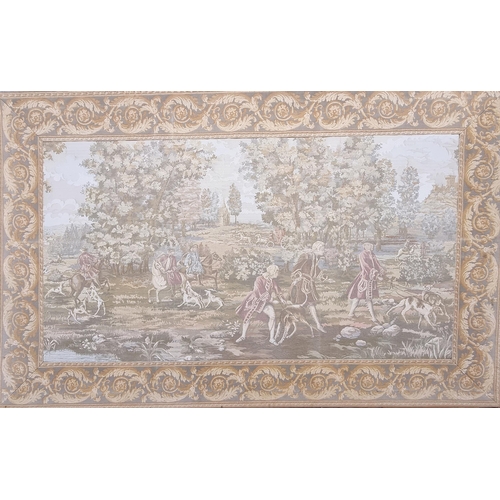 606 - A large French Tapestry of a hunting scene with floral border. 105 x 166 cm approx.