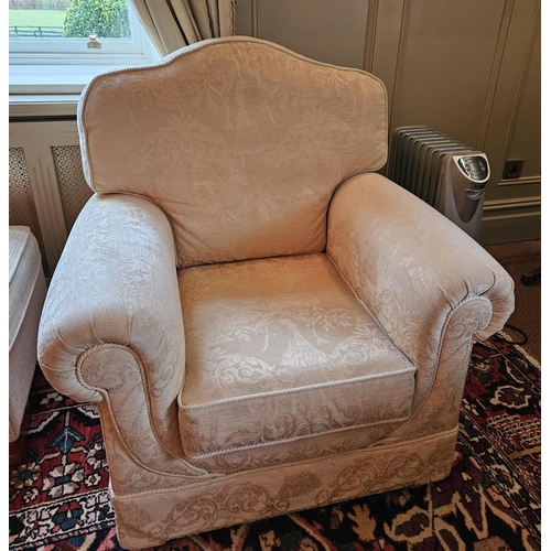 1013 - A really good three seater couch with cream damask upholstery, rope edge detail along with two Armch... 