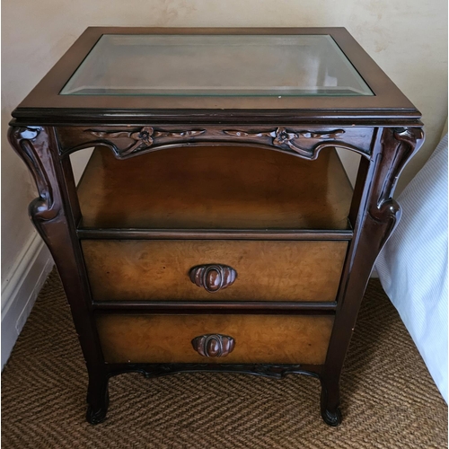 1103 - A good pair of 20th Century Side Tables with glass tops twin based drawers and carved supports.
H 72... 