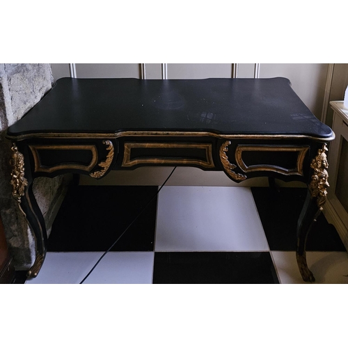 240 - A Gilt and ebonised Centre Table with ormolu mounts, frieze drawer sides. 139 x 64 x H 79 cm approx.