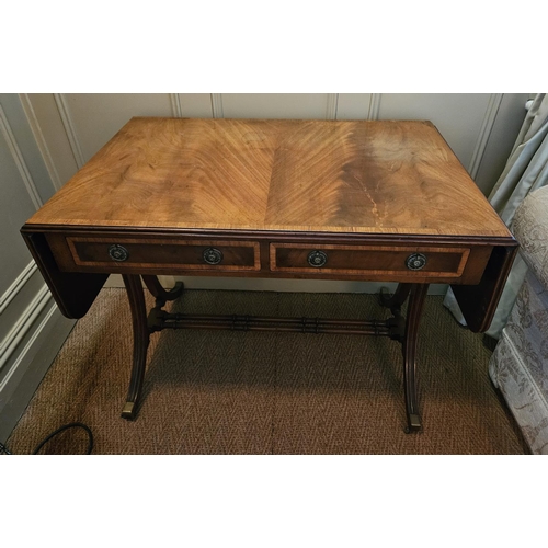 596 - A good early 20th Century Mahogany and Veneered Sofa Table on square supports and stretcher base wit... 