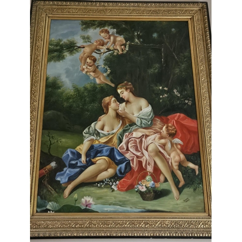 715 - A fantastic large Oil On Canvas of a classical scene with cherubs sitting on a branch above two love... 