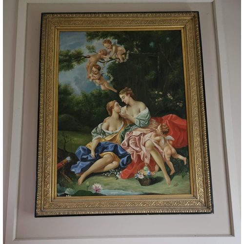 715 - A fantastic large Oil On Canvas of a classical scene with cherubs sitting on a branch above two love... 