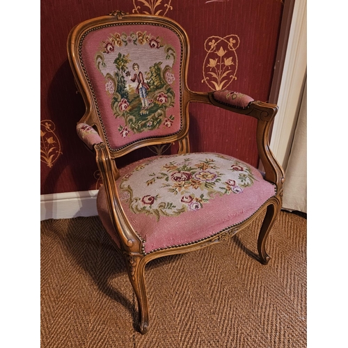 736 - A lovely pair of 20th Century Continental Walnut showframe Armchairs with tapestry upholstered seats... 