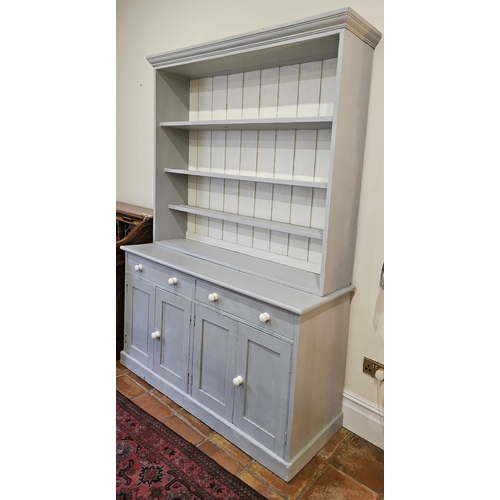 92 - A good 19th Century painted Pine Dresser with four panelled door base and twin drawer frieze. 167 x ... 