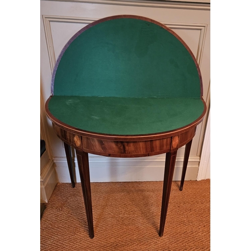 981 - A 19th Century Mahogany and Inlaid demi lune foldover Card Table with shell inlaid motif and square ... 