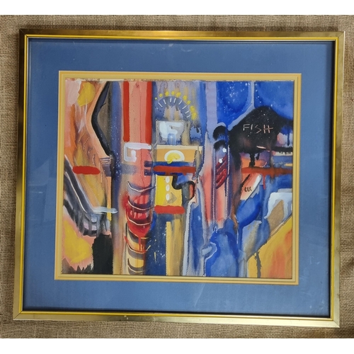 652 - A large Abstract Watercolour of a Street scene, no apparent signature. 60 x 68 cm approx.