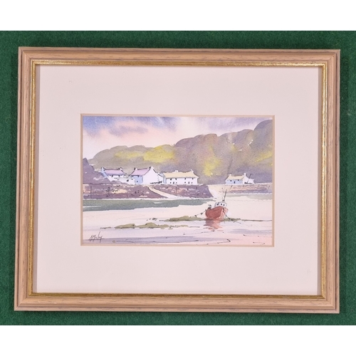 665 - A 20th Century Watercolour of an estuary scene with moored boats and houses in the distance, signed ... 