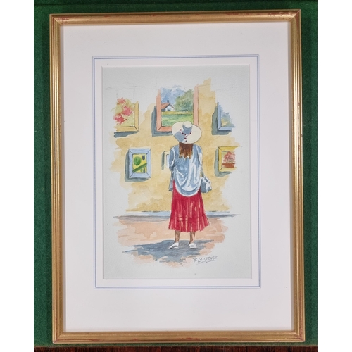 670 - K. Laurence; A 20th Century Watercolour of a girl in an art gallery, signed lower right. 25 x 18 cm ... 