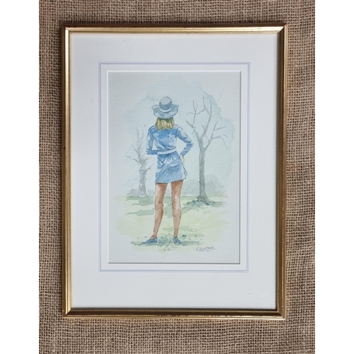 671 - K Laurence; A 20th Century Watercolour of a girl looking out to a pasture, signed lower right. cm ap... 