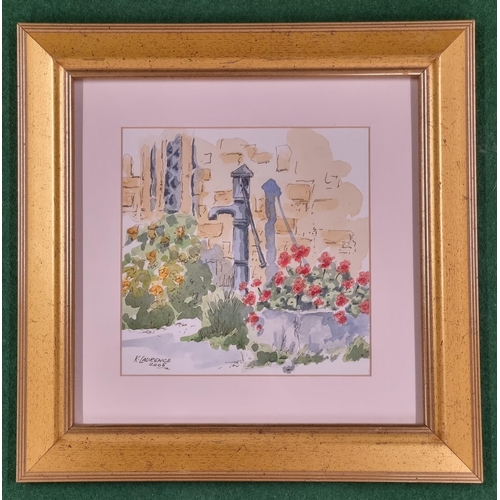 699 - K. Laurence. A lovely Watercolour of a pump with flowers in full bloom, signed lower right. 14 x 14 ... 