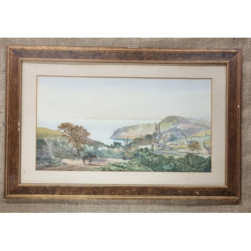 703 - S W Stane. A 19th Century Watercolour of a coastal scene with people walking down a path and a villa... 