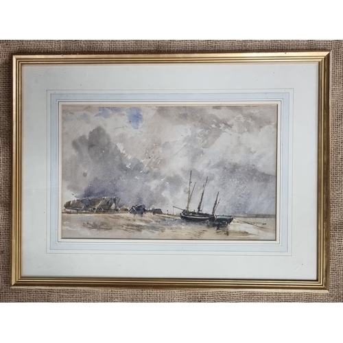 713 - A late 19th early 20th Century Watercolour of moored sailing boats beside a village. No apparent sig... 