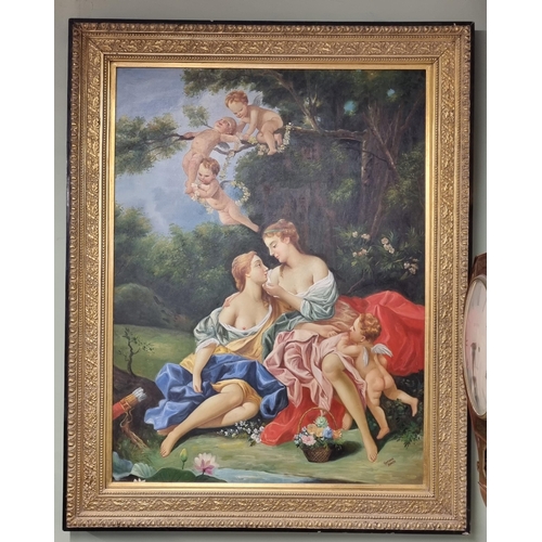 715 - A fantastic large Oil On Canvas of a classical scene with cherubs sitting on a branch above two love... 