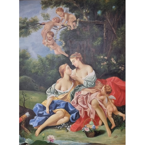 715 - A fantastic large Oil On Canvas of a classical scene with cherubs sitting on a branch above two love... 