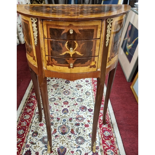 916 - A pair of Continental Walnut and Veneered demi 
lune miniature Side Tables with triple frieze drawer... 