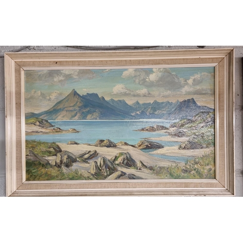 938 - William Russell. A 20th Century Oil on Board of a mountainous landscape with lake to the fore. Signe... 