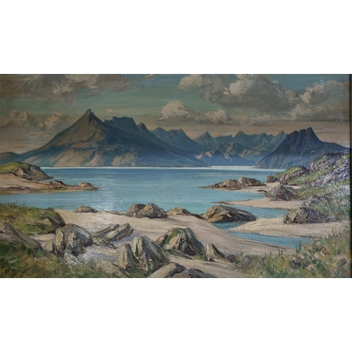 938 - William Russell. A 20th Century Oil on Board of a mountainous landscape with lake to the fore. Signe... 