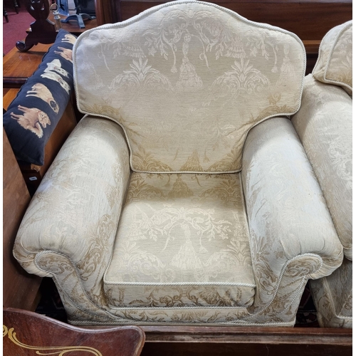 1013 - A really good three seater couch with cream damask upholstery, rope edge detail along with two Armch... 