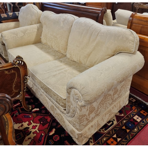 1013 - A really good three seater couch with cream damask upholstery, rope edge detail along with two Armch... 