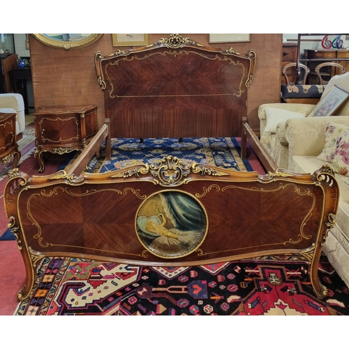 1019 - A fantastic 20th Century Continental Mahogany and veneered Double Bed with painted panel footboard, ... 