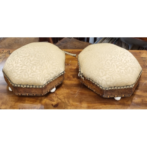 232 - A pair of 19th Century Walnut and veneered octagonal Stools with ceramic bun feet. W 28 x H 11 cm ap... 