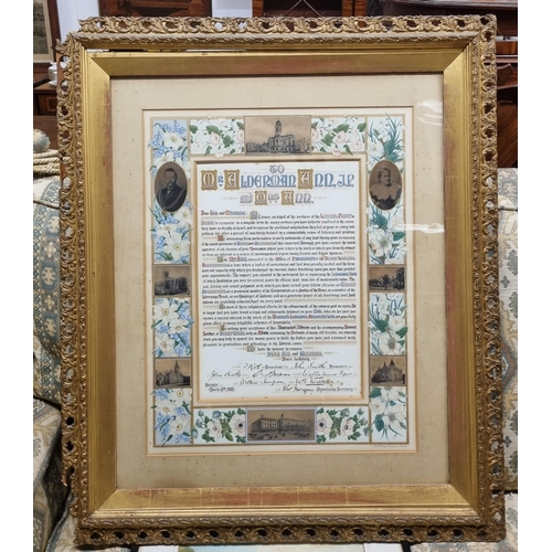 205 - An early well framed Indenture along with a coloured print. 85 x 70 cm approx.