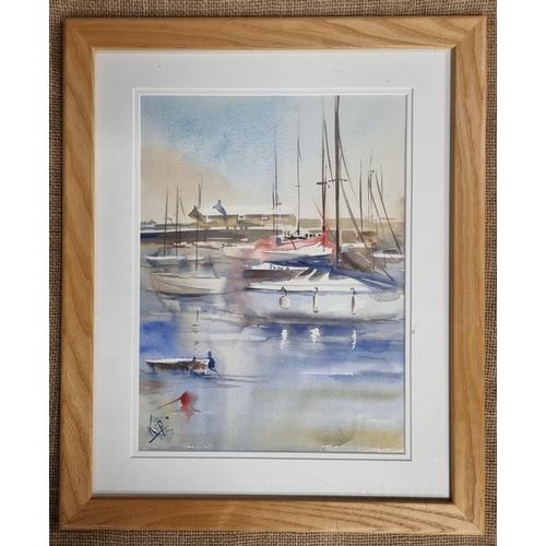 456 - A well framed Watercolour of Boats in a harbour, monogrammed KF lower left. 40 x 30 cm approx.