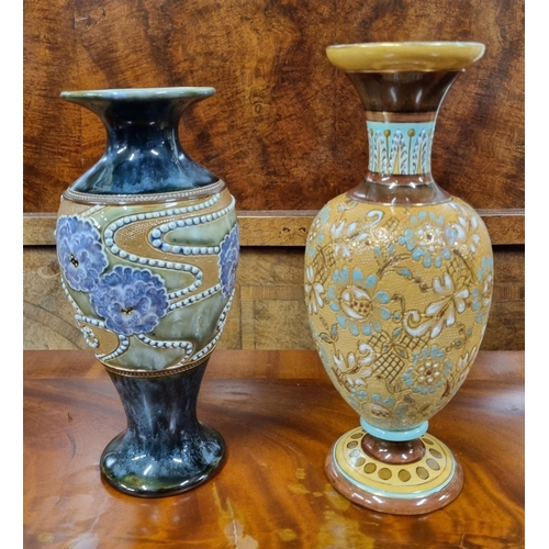 460 - A good pair of 19th Century Royal Doulton salt glaze Candlesticks along with two Royal Doulton salt ... 