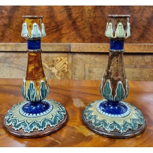 460 - A good pair of 19th Century Royal Doulton salt glaze Candlesticks along with two Royal Doulton salt ... 