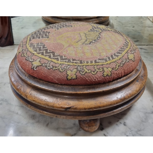 479 - A really good pair of 19th Century circular Stools with tapestry style upholstery on bun feet. D 30 ... 