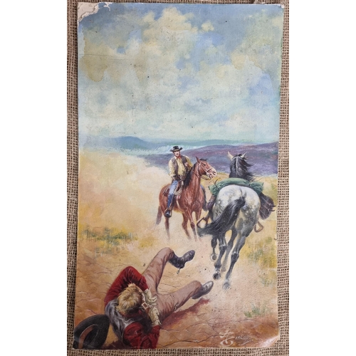 485 - A 20th Century Oil on Board of a Western scene. Signed Alsop LR. Unframed. 46 x 27 cm approx.