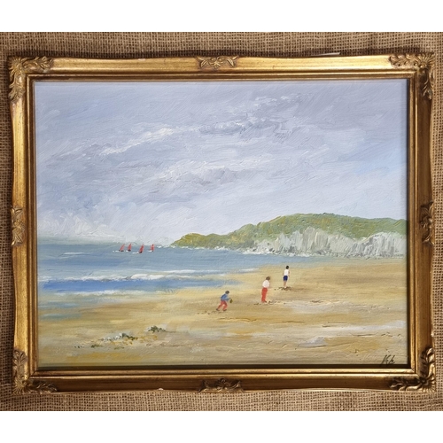 538 - A 20th Century Oil On Board of people on a beach monogrammed KL lower right in a good gilt frame.