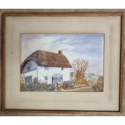 551 - A 19th Century Watercolour of a thatched cottage, monogrammed lower right indistinctly along with ot... 