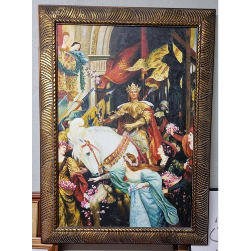 555 - A good Oil On Canvas of a King on horseback surrounded by maidens in a contemporary frame.
88 x 60 c... 