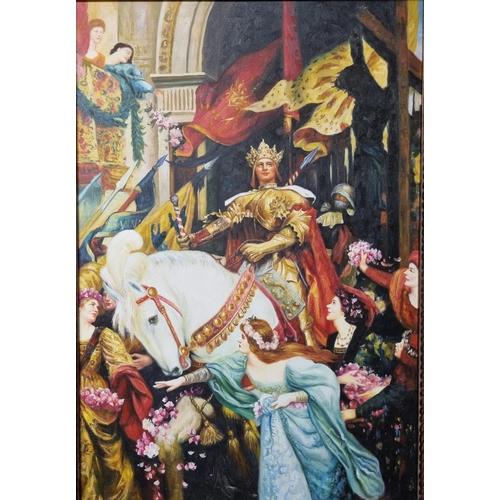 555 - A good Oil On Canvas of a King on horseback surrounded by maidens in a contemporary frame.
88 x 60 c... 