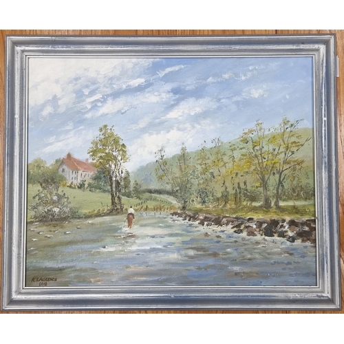 520 - An Oil On Board of a man on horse back walking down a river by K Laurence signed lower left.
40 x 50... 